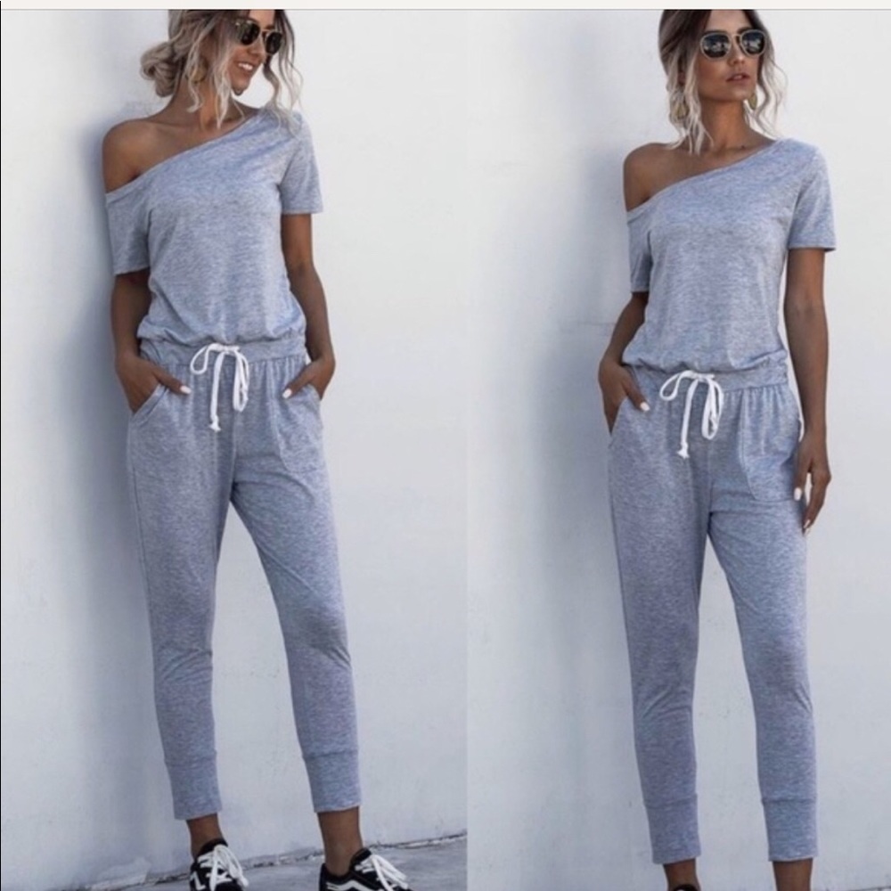 Casual Gray Off-Shoulder Jumpsuit